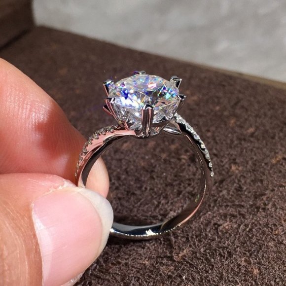 😍2CT MOISSANITE SILVER ROUND TWISTED BIG FLOWER SOLITAIRE ENGAGEMENT RING, K758 - Picture 4 of 6